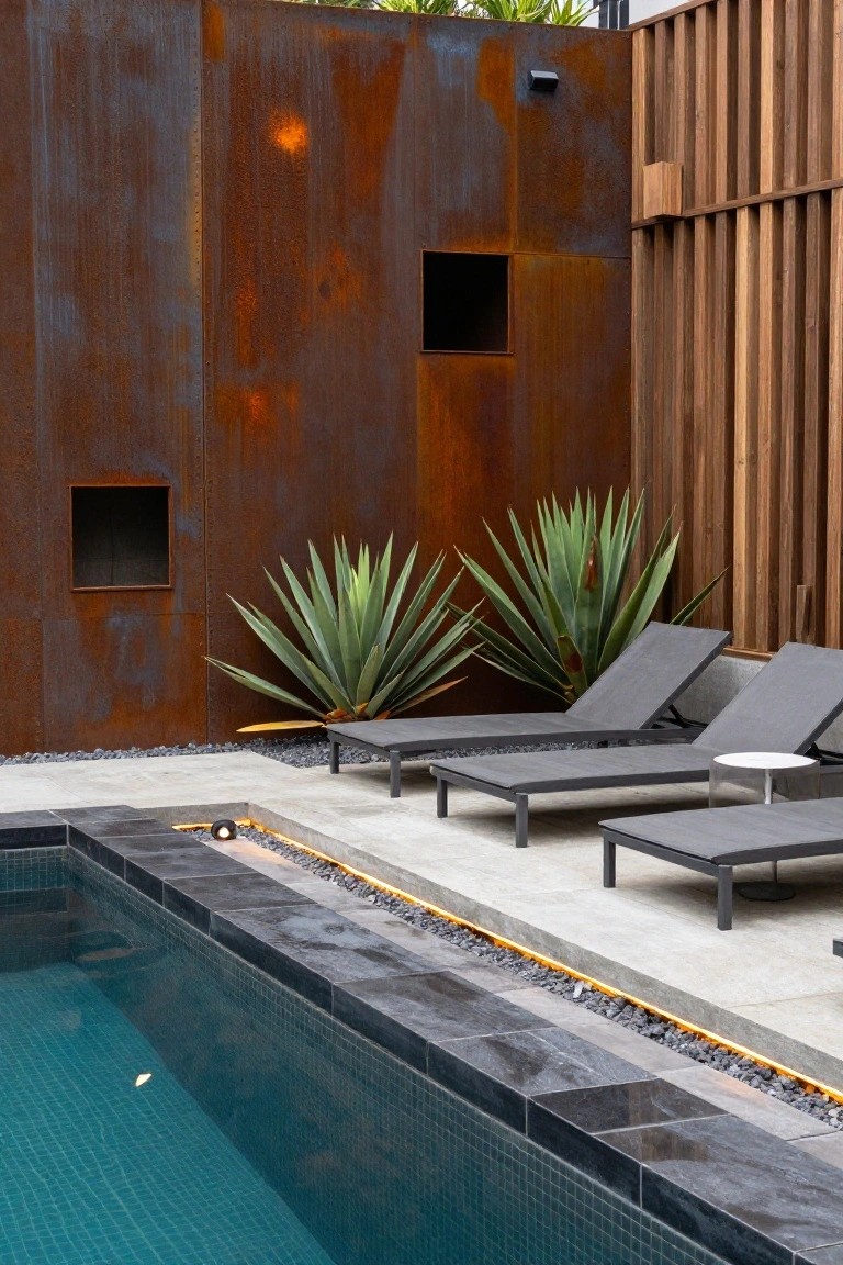 Poolside area with two gray loungers and a side table next to an infinity-edge pool, backed by rusted metal wall panels with square openings and wooden slatted fence, flanked by agave plants and pebble ground cover.