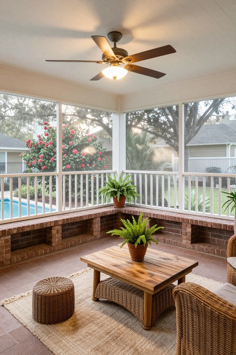 Screened porch with wooden ceiling fan and light, wicker chairs and ottoman around low wooden coffee table on tiled floor with rug, brick benches with potted ferns, white railings, and views through screens to pool, garden, and trees.