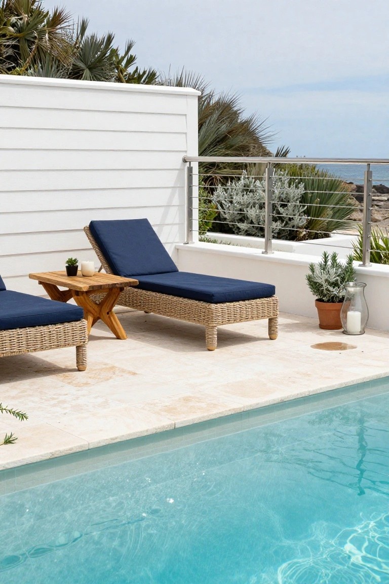 Two blue cushioned woven loungers and a wooden side table with a succulent plant and candle sit beside a turquoise pool edged in beige stone, enclosed by a white shiplap wall topped with slim stainless steel railing and overlooking the ocean with palm trees and shrubs.