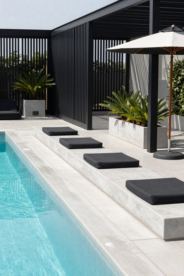 Poolside concrete steps with black cushions along the edge of a turquoise-tiled pool, enclosed by black vertical slat metal fencing, with potted plants, a beige umbrella, and gray tiled decking.