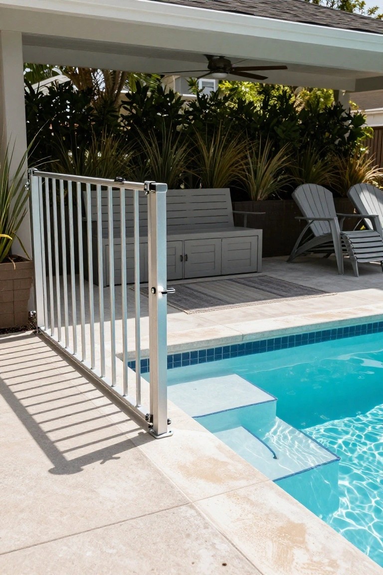 Silver vertical bar aluminum gate beside a turquoise tiled pool with entry steps, next to a gray bench, Adirondack chairs, potted plants, and tropical landscaping under a covered patio.