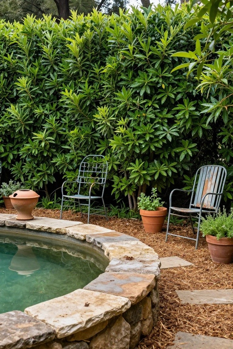 Small round pool with stone edging and turquoise water, backed by tall dense green hedge, two metal chairs with potted plants and terracotta pots on mulch ground nearby.