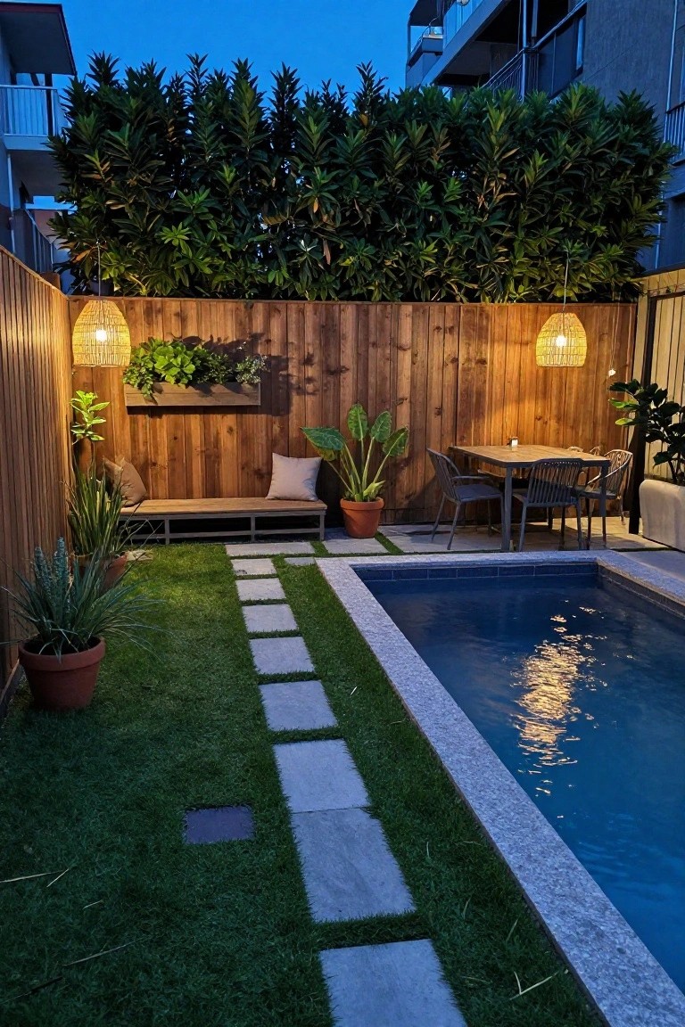 Small rectangular pool in a backyard enclosed by a tall wooden slat fence with two hanging rattan pendant lights, potted plants, artificial grass, stepping stone path, bench seating, and dining table with chairs at dusk.