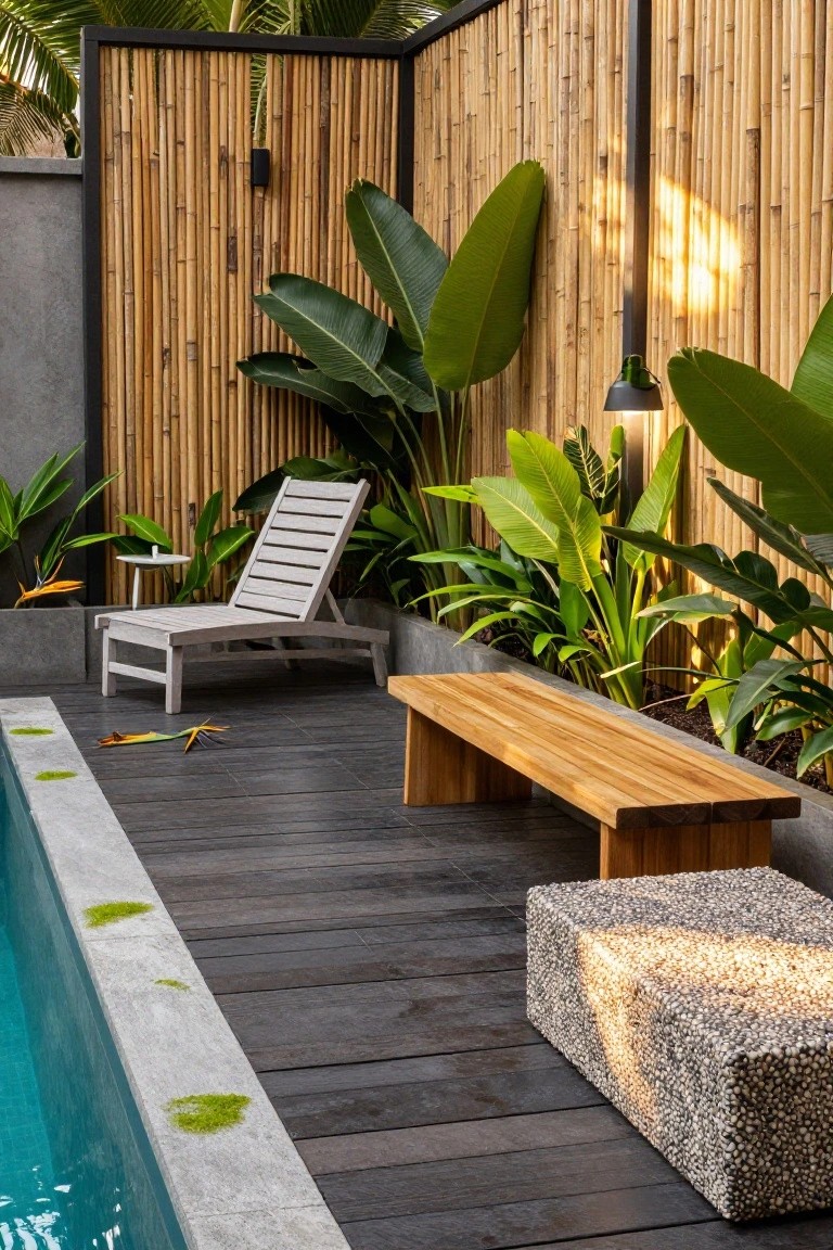 Semi-inground turquoise pool with dark wood deck, white lounge chair on side table, teak bench, pebble stool, tall vertical bamboo screens, and large tropical plants along the perimeter.