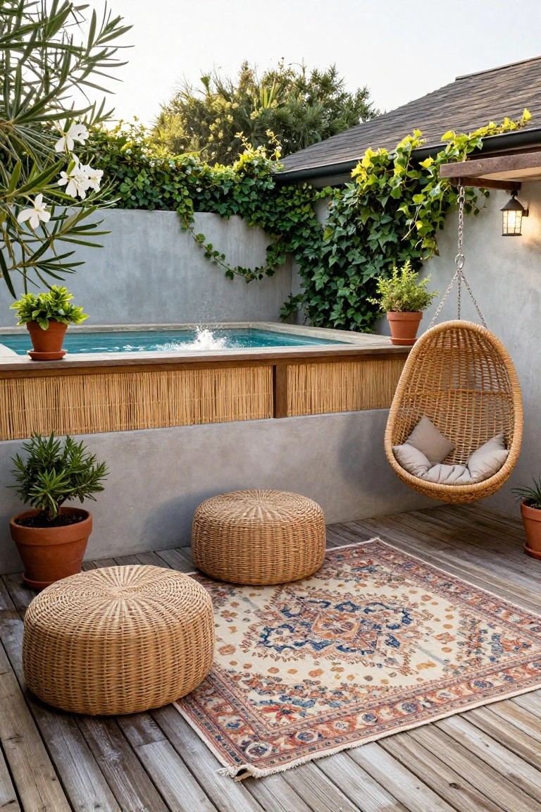 Semi-inground turquoise pool edged with low horizontal bamboo panels on a wooden deck, surrounded by potted plants, wicker poufs, a hanging egg chair, and a patterned rug.