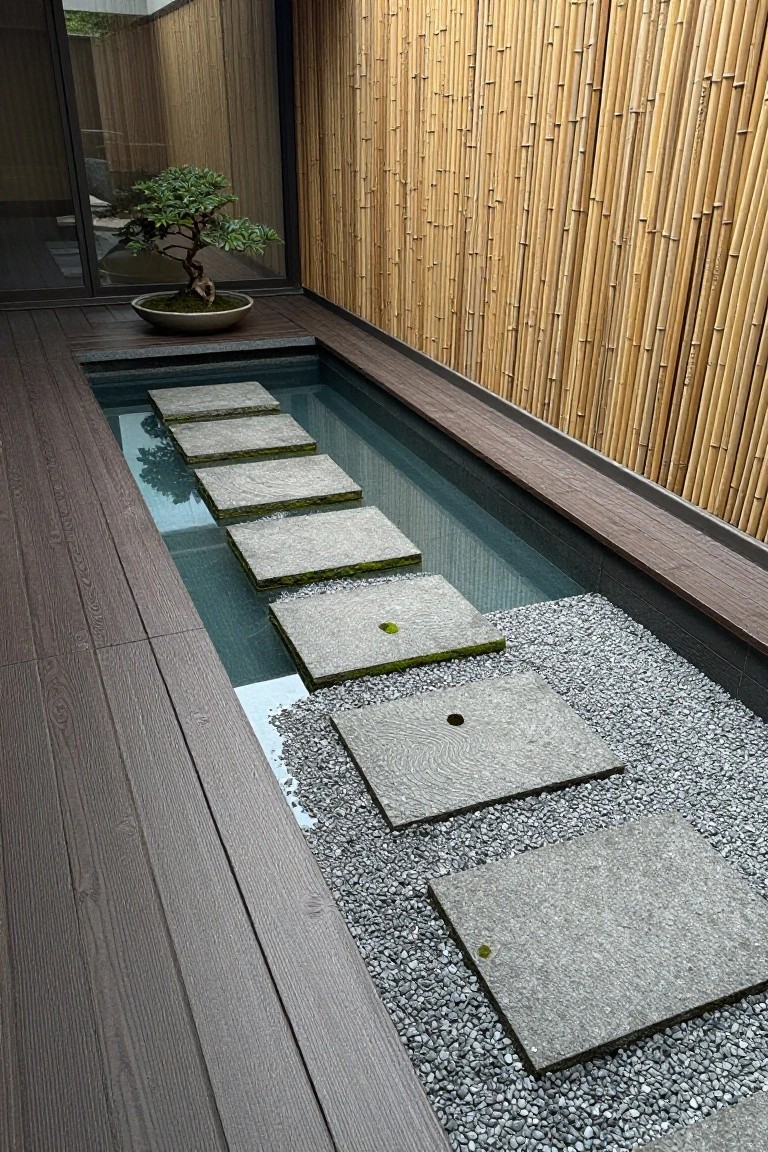 Narrow rectangular water channel with large square gray stone stepping stones across it, flanked by dark wood decking on one side and tall vertical bamboo fencing on the other, bonsai tree on a platform nearby.