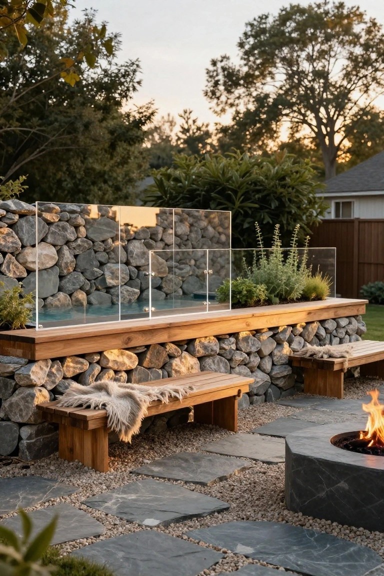 Semi-inground pool enclosed by clear glass panels on a stacked stone retaining wall, with wooden benches topped by sheepskin throws and a circular gas fire pit on a gravel patio surrounded by plants and trees at dusk.