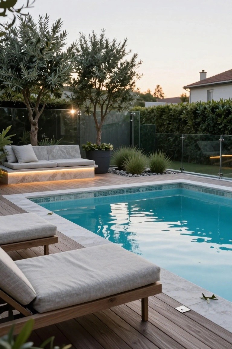 A semi-inground turquoise pool with clear glass fencing, wooden decking, gray lounge chairs, a built-in bench, and olive trees in the background at sunset.