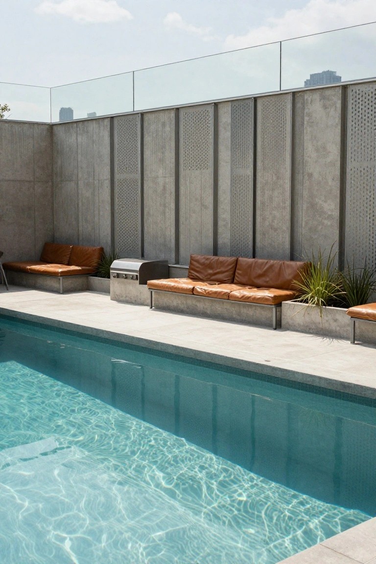 Rooftop semi-inground pool with frameless glass railing along the edge, orange leather benches, stainless steel BBQ grill, potted plants in concrete planters, and tall perforated concrete perimeter walls.