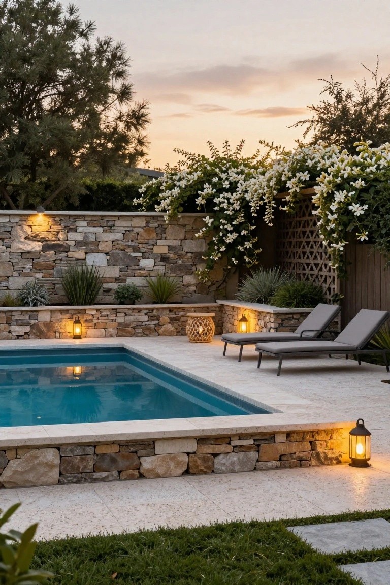 Semi-inground turquoise pool with two gray loungers on tiled decking, surrounded by low stone walls with plants, a lattice screen draped in white flowering vines, lanterns, and pine trees at dusk.