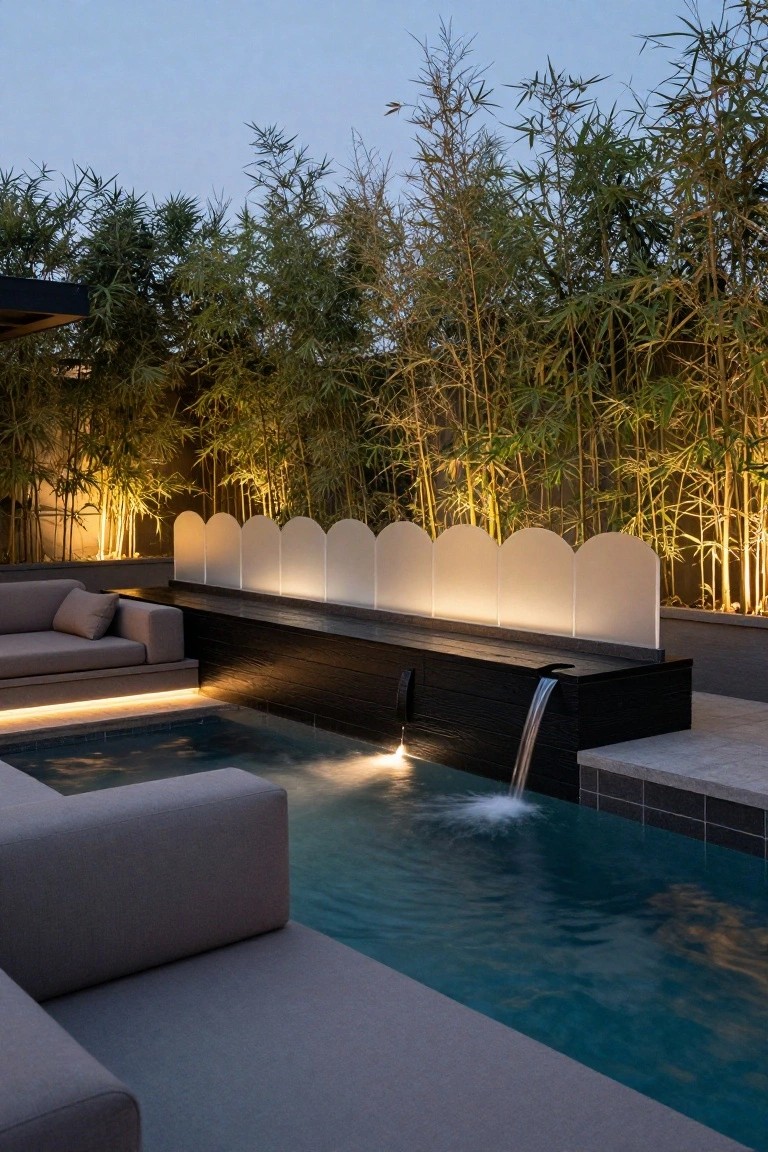 Semi-inground pool with gray modular seating, black waterfall feature wall, curved frosted white panels lit from behind as fencing, bamboo plants in background at dusk.