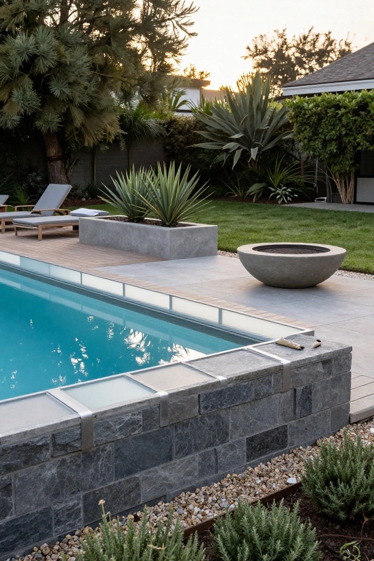 Semi-inground pool with low dark stone block wall topped by flush clear glass panels along the edge, concrete deck with round fire pit, lounge chairs, and surrounding plants including agaves and rosemary.