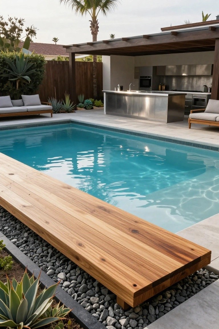 Semi-inground turquoise pool with a long reddish wood platform bench extending over one edge, bordered by black gravel and agave plants, adjacent to an outdoor kitchen and lounge seating.