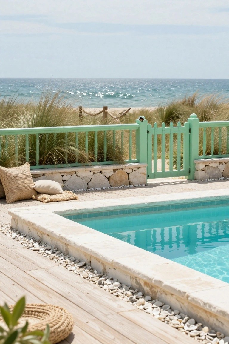 Mint green picket gate and fence beside a turquoise semi-inground pool on a wooden deck, with sea grass, pebbles, and beach dunes in the background.