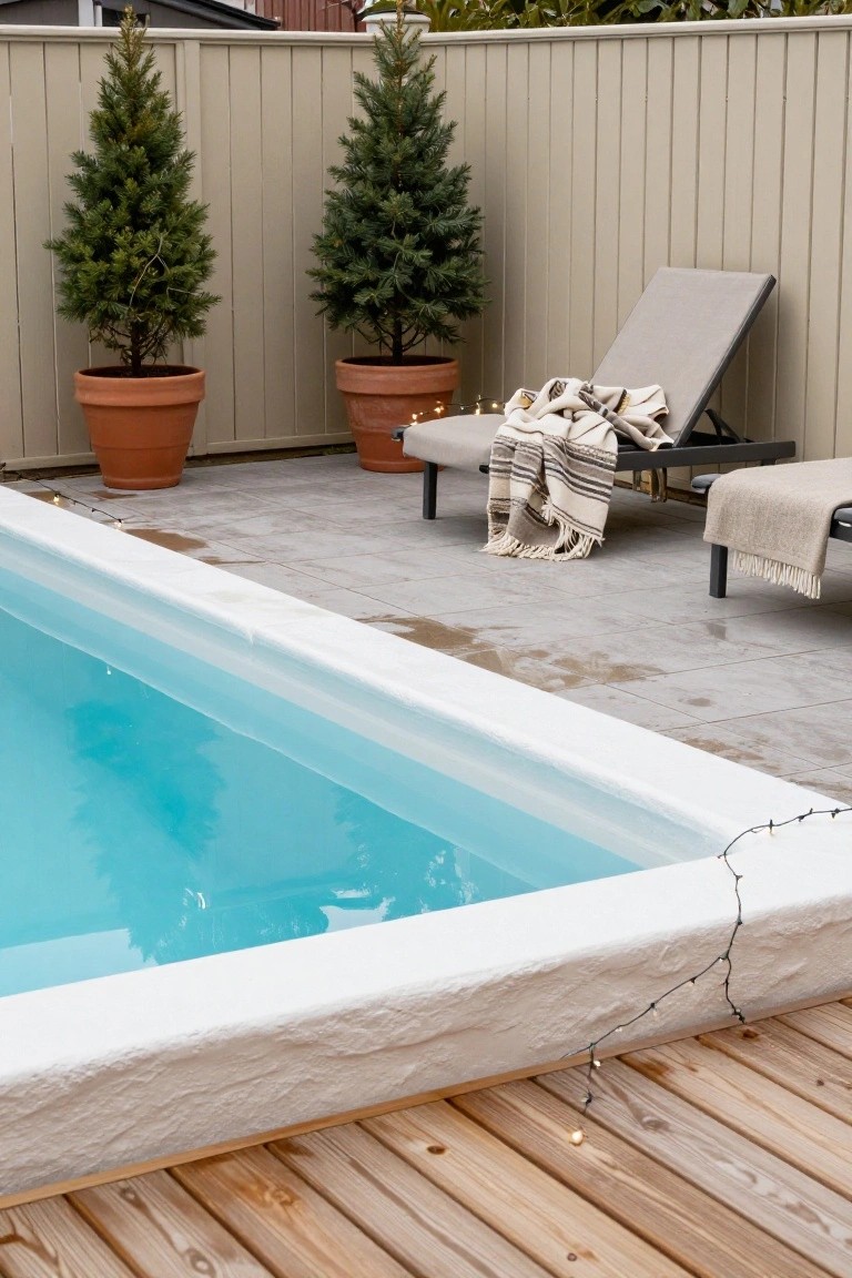 Semi-inground turquoise pool with white plaster walls and edges, surrounded by beige vertical slat wooden fence, two potted pine trees in terracotta pots, two gray lounge chairs with beige blankets on wet gray tile patio, string lights along pool edge and wooden deck nearby.
