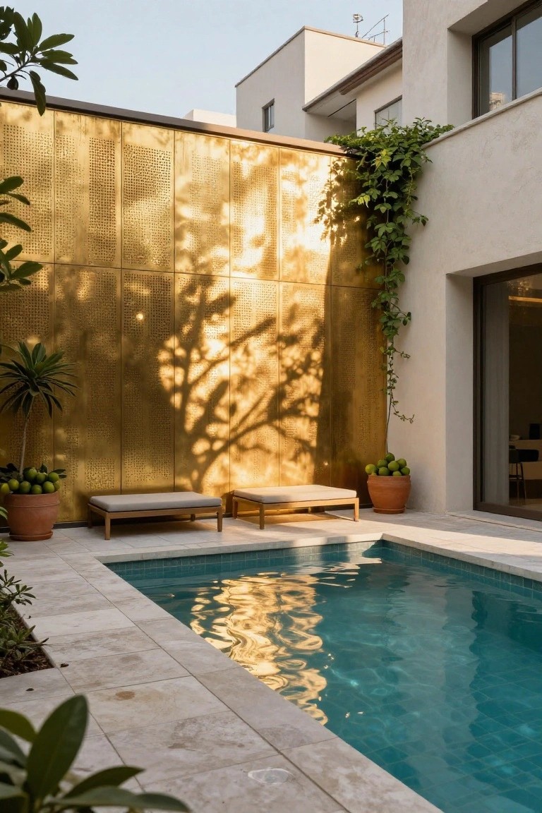 A small turquoise semi-inground pool in a courtyard with light travertine tile paving, two adjacent wooden daybeds with beige cushions, potted palm and lemon trees in terracotta pots, climbing vines on a white stucco wall, and a tall perforated gold metal screen casting tree shadows.
