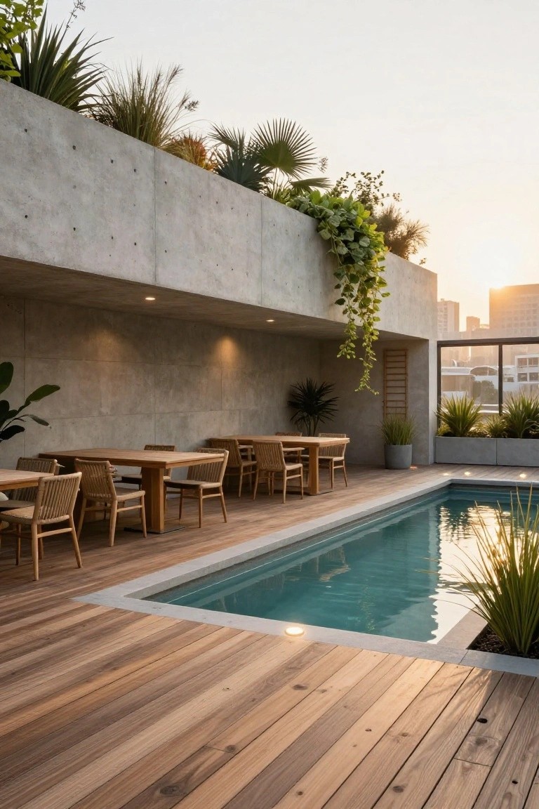Rooftop terrace with narrow semi-inground pool, teak wood decking, rattan chairs at wooden tables, concrete walls planted with greenery, and city view at sunset.