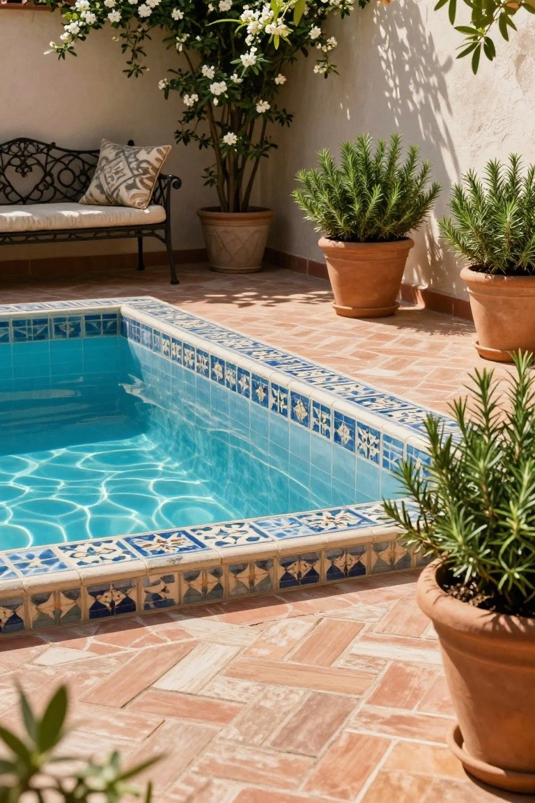 Semi-inground pool with blue and white ornamental tile edging, surrounded by large terracotta pots of rosemary plants on rustic terracotta pavers, wrought iron bench with cushions nearby, and white stucco wall with climbing flowering vine and potted trees.
