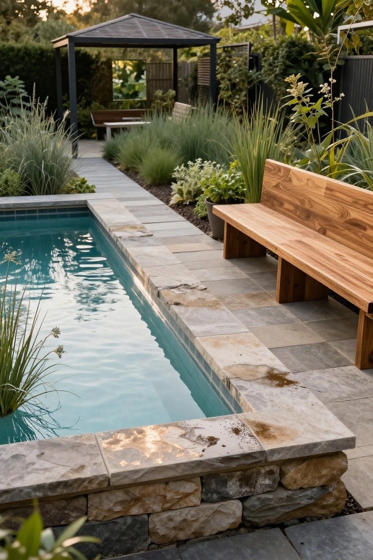 Semi-inground turquoise pool with stone coping and low wall, wooden bench alongside, pathway leading to pergola structure, slatted black screens and ornamental grasses in landscaped backyard.