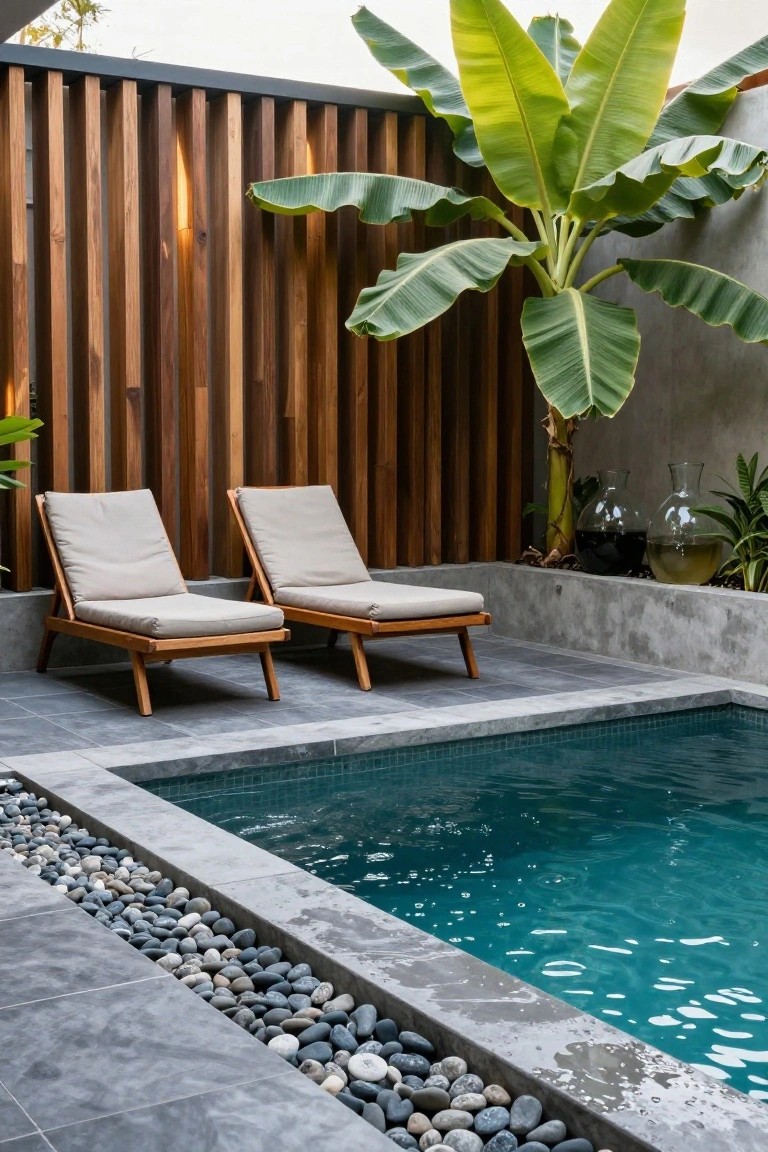 Semi-inground pool with light blue water, surrounded by vertical wooden slat fence, two beige cushioned lounge chairs on gray tiles, large banana plant, glass vases with water, and pebble border.