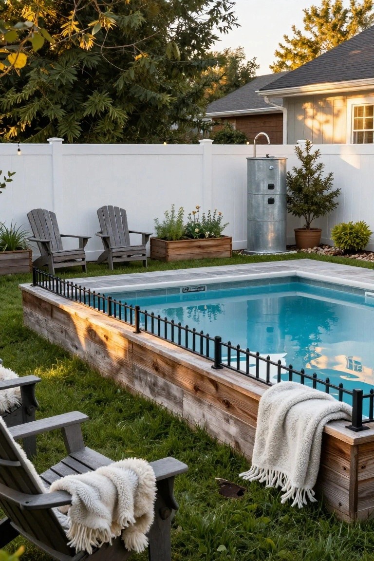 Semi-inground pool surrounded by raised wooden edges with slim black metal baluster fence, flanked by gray Adirondack chairs with white blankets, wooden planters with plants, metal outdoor shower, and white vinyl backyard fence.
