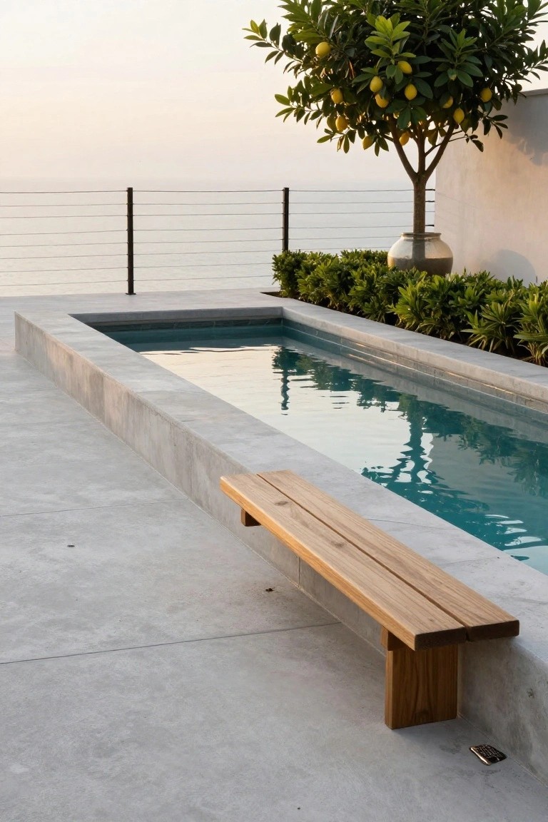 Narrow semi-inground pool with turquoise water and concrete edges on a concrete terrace, slim black metal rail fence along the ocean-view edge, wooden bench on pool side, lemon tree in pot, and low green shrubs.