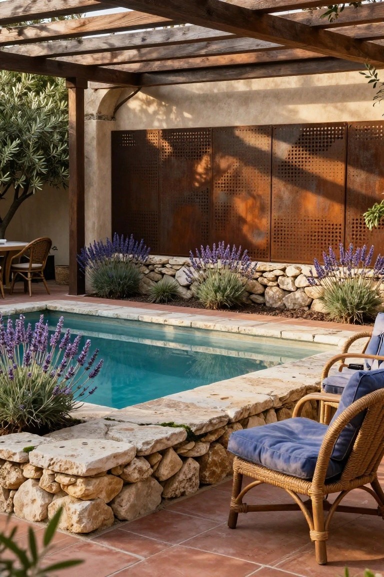 A small turquoise semi-inground pool edged with dry-stacked stone walls and lavender plants, under a wooden pergola with rattan chairs nearby and a perforated metal screen in the background.