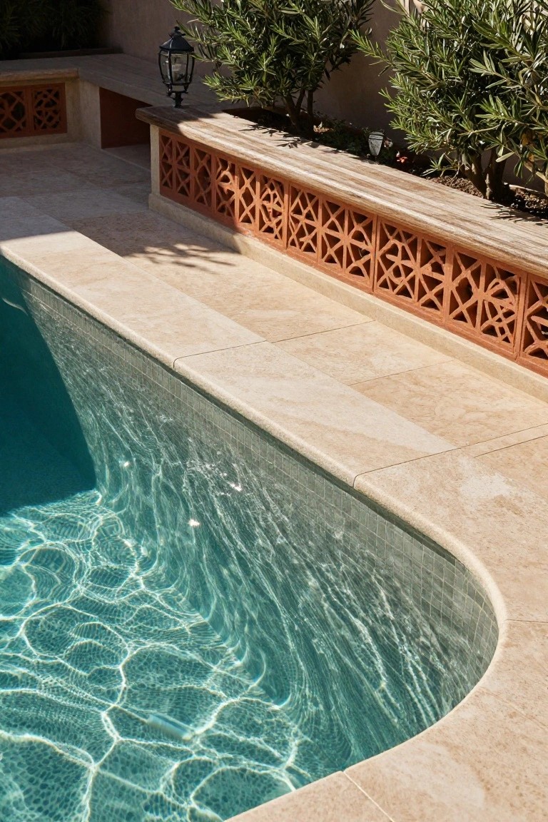 Close-up of a curved semi-inground pool edge with beige travertine tiles, turquoise pool water with light reflections, flanked by orange terracotta lattice screens, wooden bench, potted olive trees, and lanterns on a sunny patio.