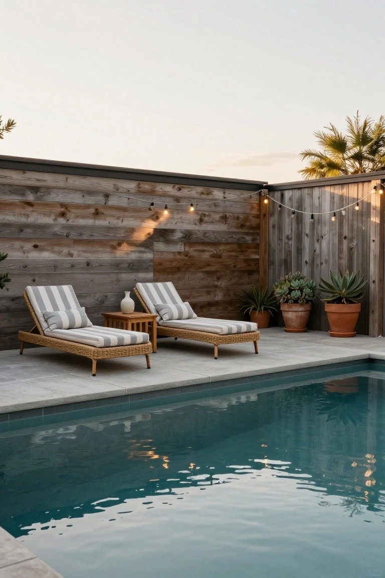 Two beige striped loungers with pillows on a light gray concrete pool deck beside a teal inground pool, against a tall horizontal weathered wood fence strung with warm bulb lights and flanked by large terracotta pots with agave plants.