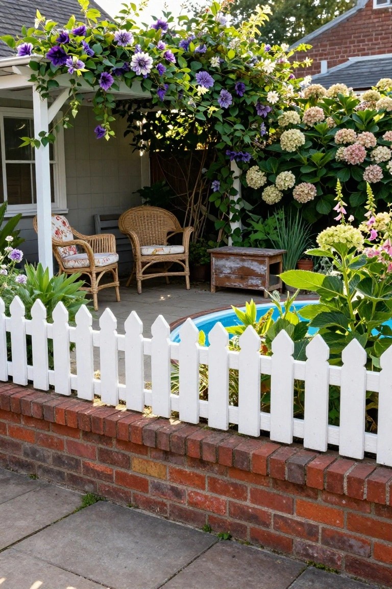 Semi-inground pool surrounded by low white picket fence on brick edging, next to a porch with two wicker chairs, overgrown with purple clematis and hydrangeas.