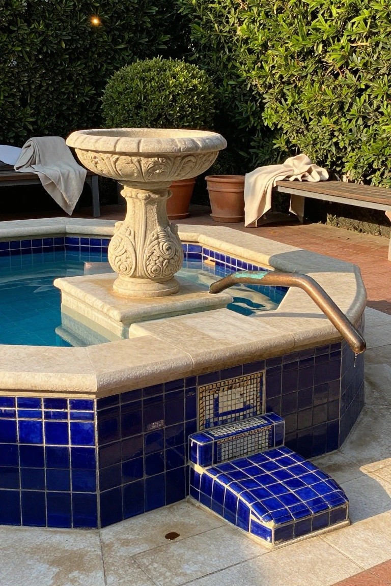 Octagonal pool with central carved stone fountain, blue mosaic tiled steps and surround, bronze handrail, stone edging, and nearby potted plants and benches with towels in a garden setting.