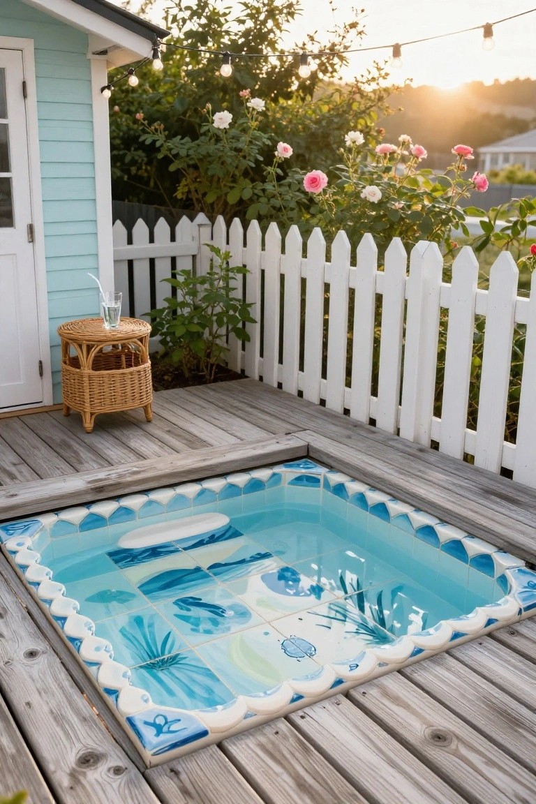 Small square turquoise pool with blue and white scalloped tile borders and artistic underwater motifs including fish, turtles, and plants on the interior tiles, set into a wooden deck with white picket fence, plants, and a side table nearby.