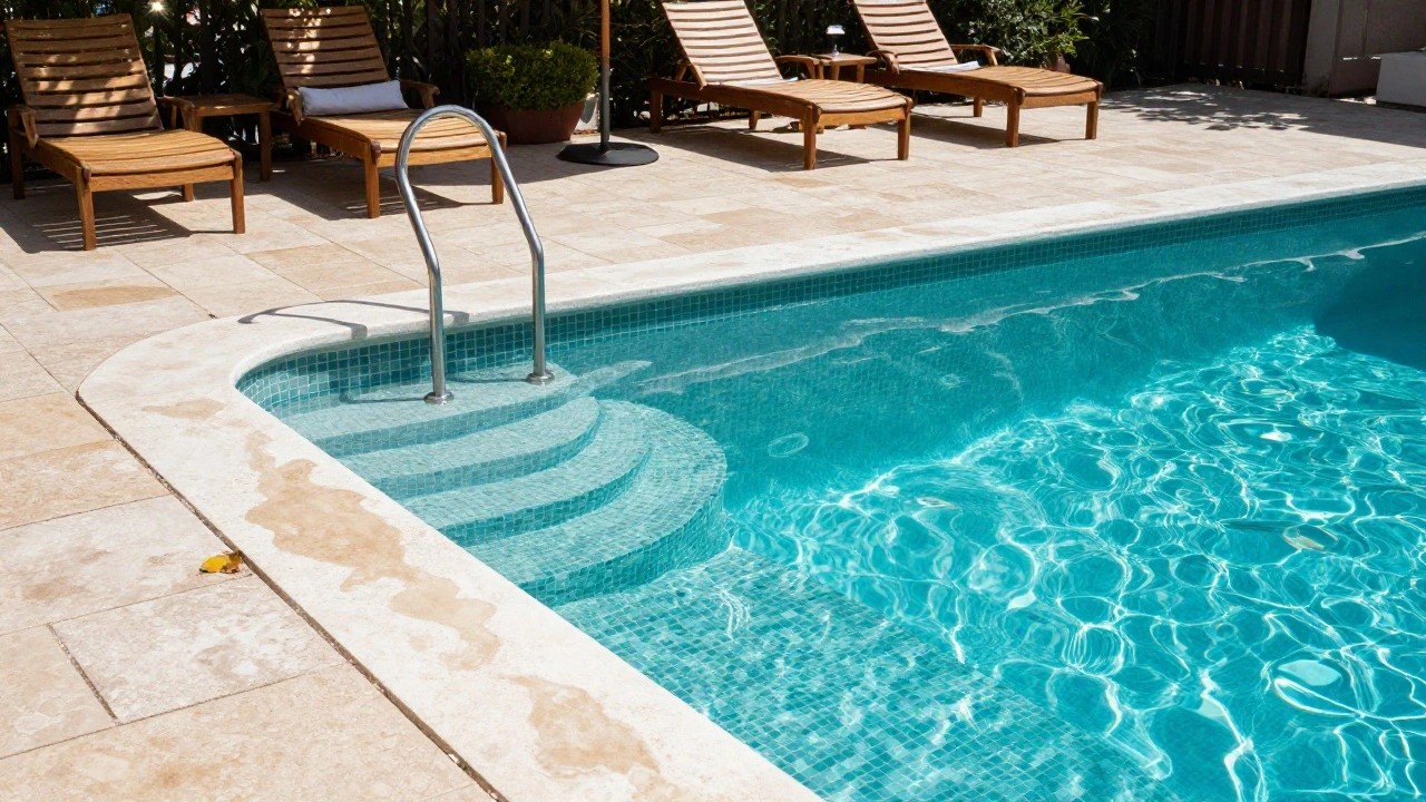 Wooden steps with stainless steel handrail descend into a turquoise mosaic-tiled pool edge, set on a beige travertine deck beside a spillover spa, with lounge chairs, striped umbrella, greenery, black metal fence, and ocean view in the background.