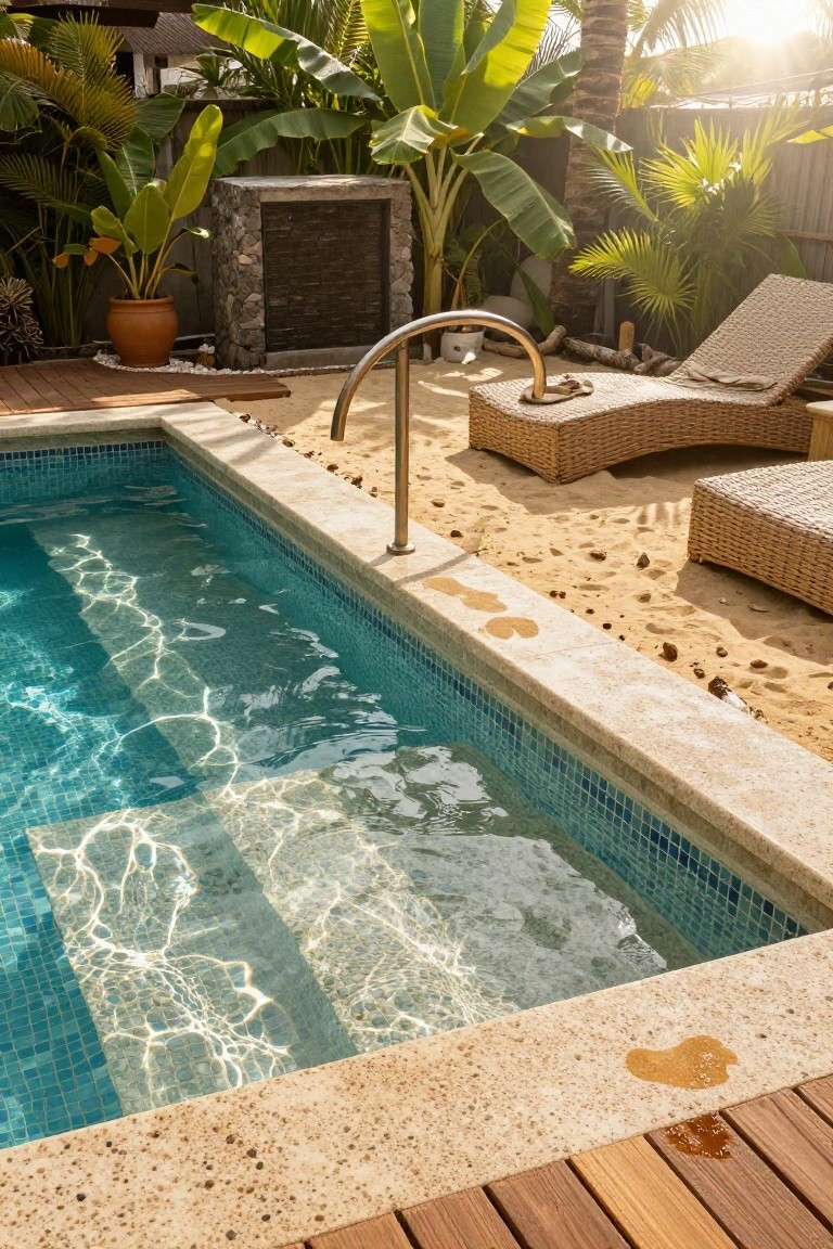Pool with turquoise mosaic tiled steps and interior, beige stone coping featuring etched footprint impressions along the edge leading into the water, sandy surround, rattan loungers, and tropical plants nearby.