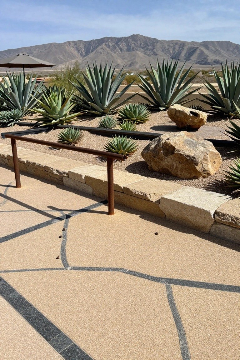 Pool deck with beige stamped concrete featuring angular black line patterns, a rusted metal railing, stone walls, agave plants, boulders, and distant mountains.