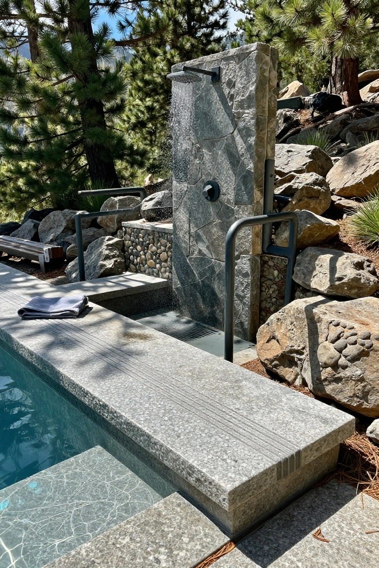 Pool edge with wide overhanging gray stone slab featuring parallel grooves for traction, adjacent to an outdoor shower against a stone wall amid boulders, pebbles, and pine trees.