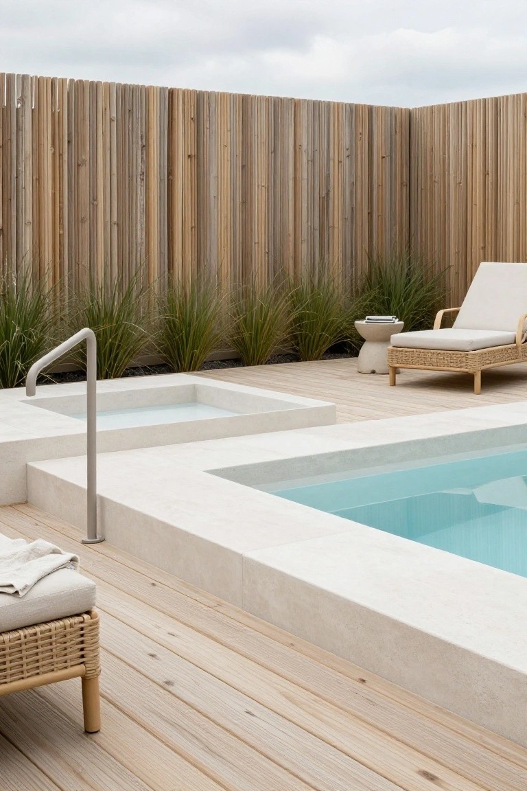 A small turquoise pool with white stone tiled edges and surrounding deck, adjacent smaller white tiled basin with handrail, rattan loungers, wooden fencing, and grasses under a cloudy sky.