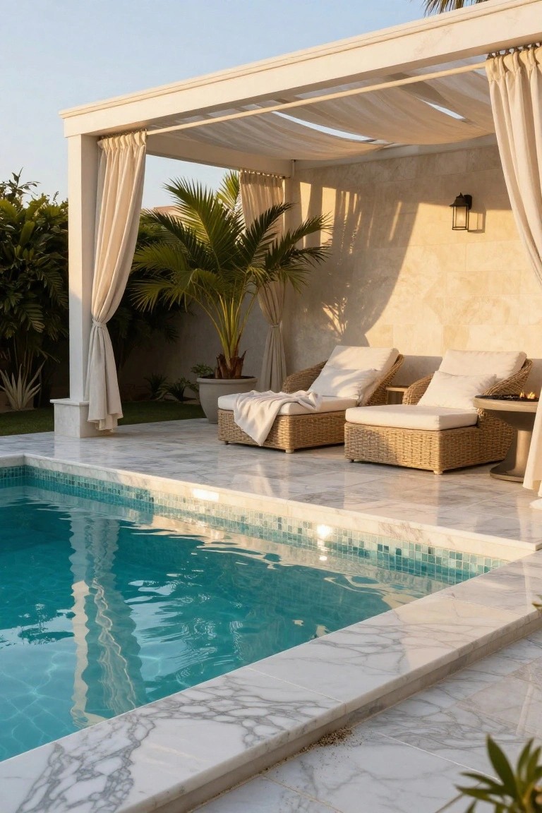 Small turquoise mosaic-tiled pool with white veined marble edging and steps, next to wicker loungers under a pergola with sheer white curtains, potted palms, and greenery on a tiled patio.