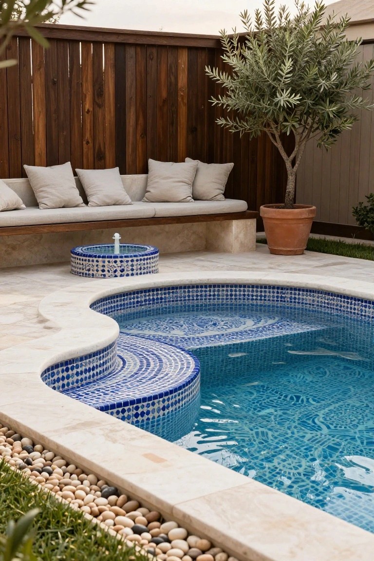 Curved above-ground pool with blue mosaic tiled steps and interior patterning, travertine decking surround, wooden bench with beige cushions, small tiled fountain, olive tree in terracotta pot, and pebble edging beside grass.