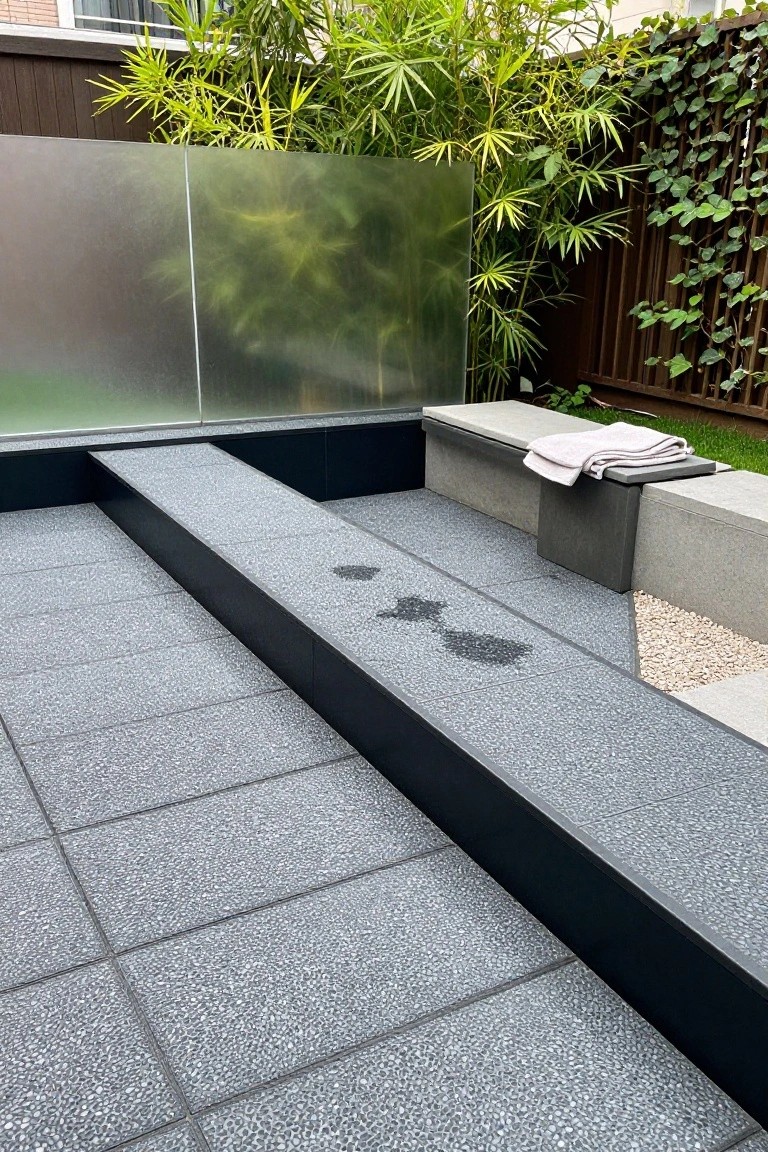 Gray pebbled tile pool steps with wet dark spots, bordered by black edges, next to a concrete bench draped with a white towel, bamboo plants, and frosted glass panels in a backyard setting.