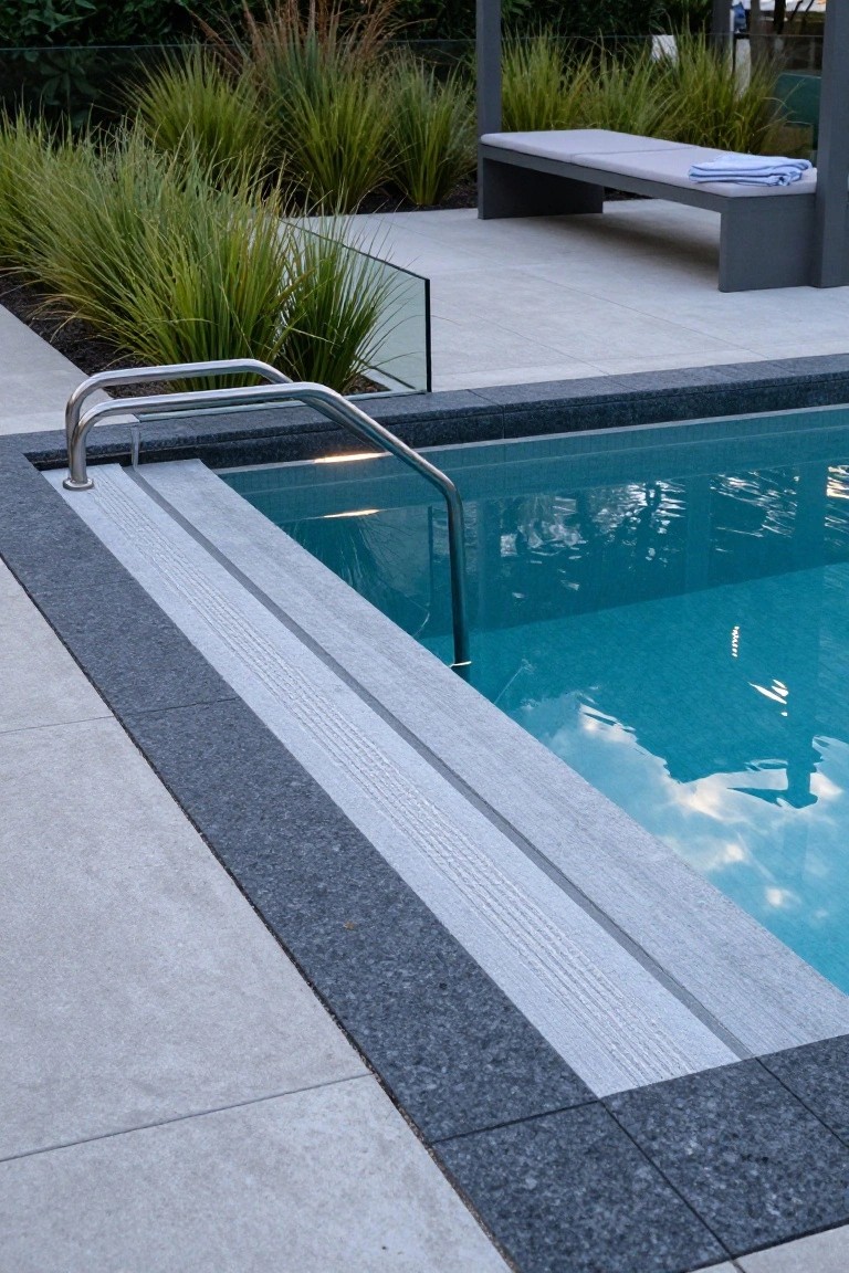 Close view of pool steps with light gray treads featuring tactile ridges, bordered by black granite, stainless steel handrails, turquoise pool water, light stone decking, and nearby grasses.
