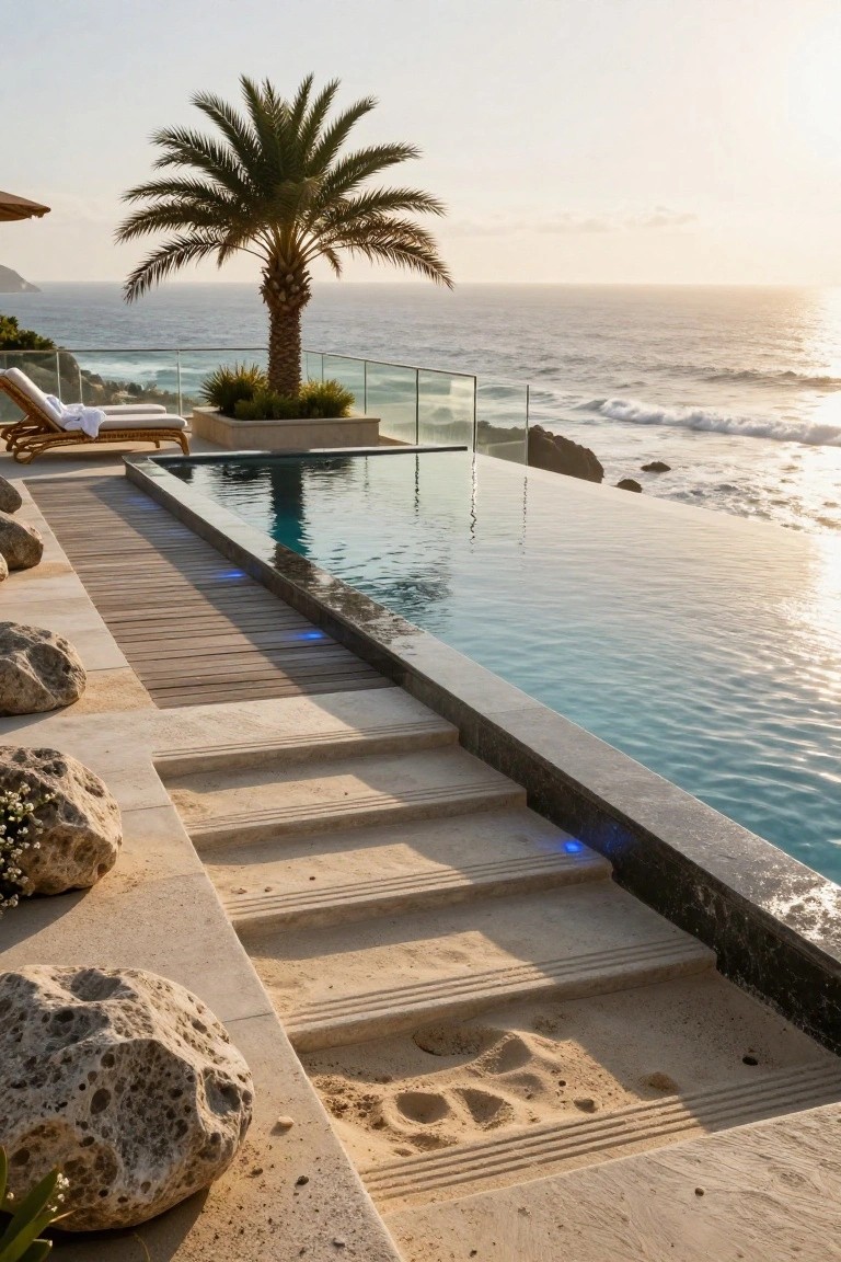 Light stone steps with grooved treads containing sand lead to an infinity-edge pool on a wooden deck surrounded by rocks, with lounge chairs, a palm tree, and ocean view at sunset.