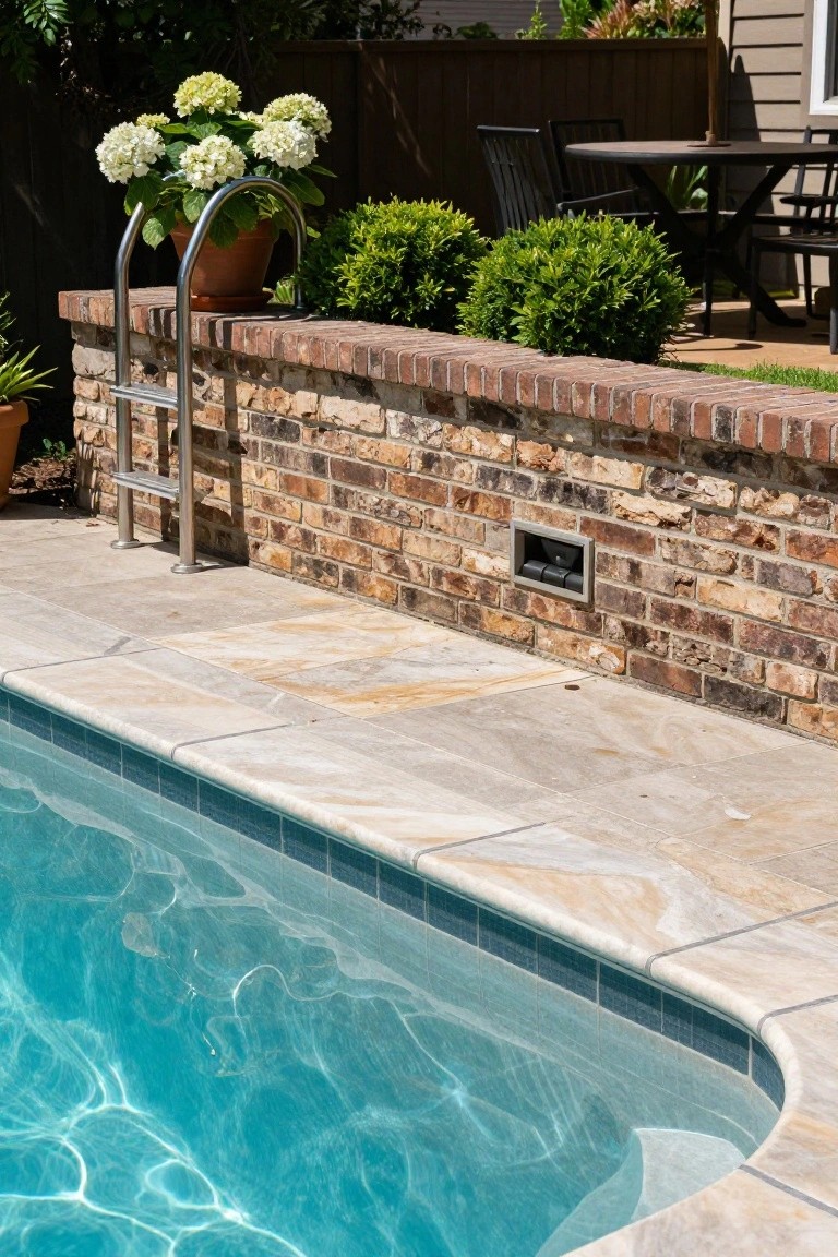 Backyard pool edged in light beige travertine tiles with subtle veining, stainless steel ladder on brick wall, potted hydrangea and boxwood shrubs nearby, wooden patio table and chairs in background.