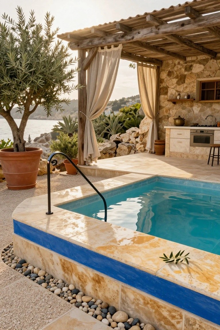 Small rectangular pool with light travertine surround edged in blue tile, black metal handrail at steps, adjacent outdoor stone kitchen under wooden pergola with sheer curtains, potted olive tree and sea view in background.