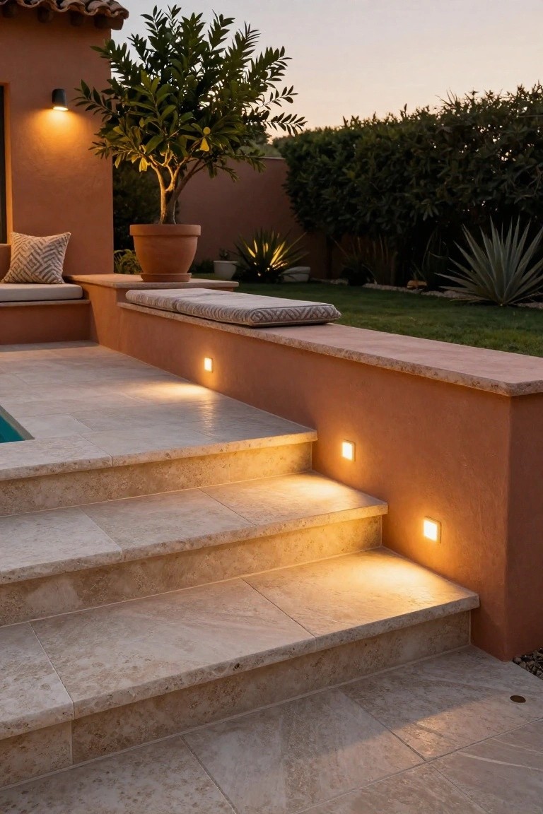 Light beige travertine tiled steps descending to a rectangular pool, illuminated by small square recessed lights embedded in a terracotta wall, with potted plants, cushions on a bench, and greenery nearby.