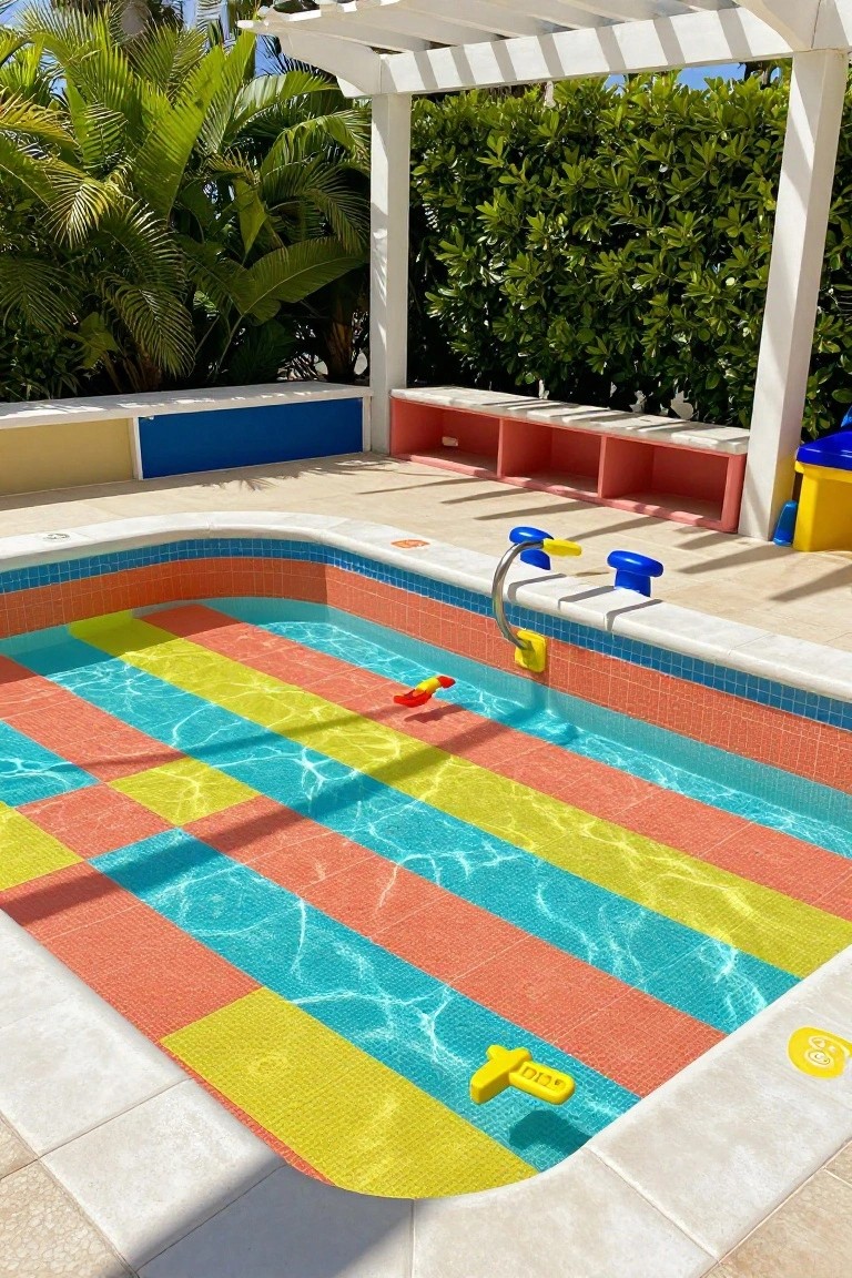 A shallow outdoor pool with rainbow-striped mosaic tiles on the bottom and curved steps, yellow and red pool toys floating in the water, surrounded by tropical plants, colorful benches, and a white pergola.