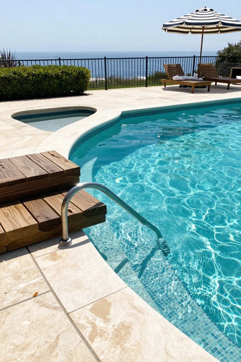 Wooden steps with stainless steel handrail descend into a turquoise mosaic-tiled pool edge, set on a beige travertine deck beside a spillover spa, with lounge chairs, striped umbrella, greenery, black metal fence, and ocean view in the background.