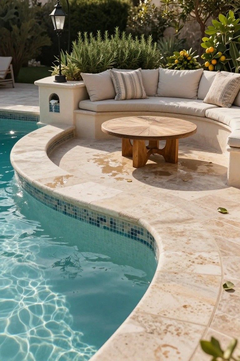 Curved beige travertine pool deck with built-in cushioned bench seating encircling a round wooden table, next to turquoise pool water edged in blue tiles, greenery, and citrus trees nearby.