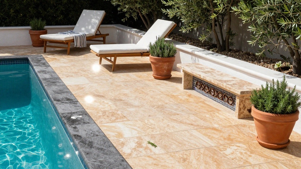 Curved turquoise swimming pool with light beige travertine deck tiles edged in dark gray stone, white cushioned lounge chairs on wooden frames, potted rosemary plants, and olive trees against a white stucco wall.