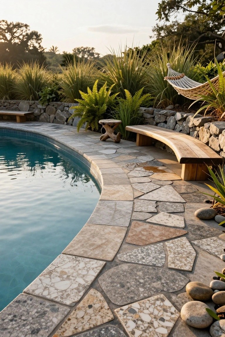 Curved swimming pool with irregular beige and gray travertine paver decking, wooden curved bench, stone retaining wall with plants, small stool, and hammock in surrounding greenery at sunset.